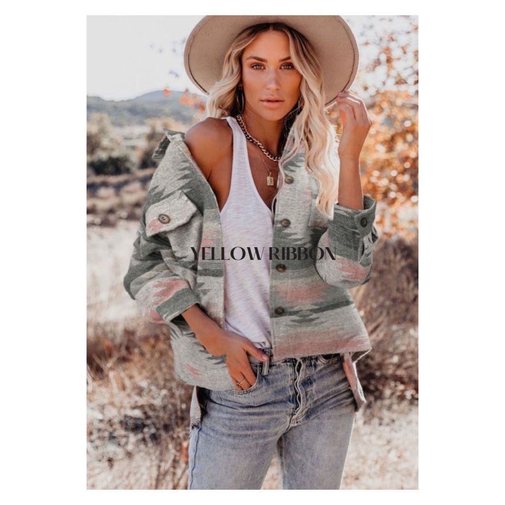 NEW Distressed Pink Aztec Print Lapel Long Sleeve Button Down Shirt Jacket